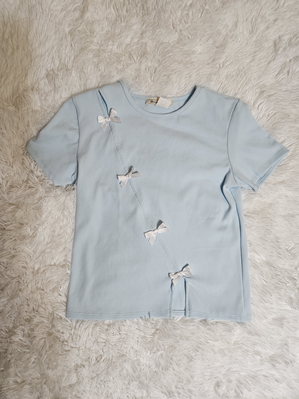 Dreamgirl Light Blue Ribbed Short Sleeve Top with Bow Details